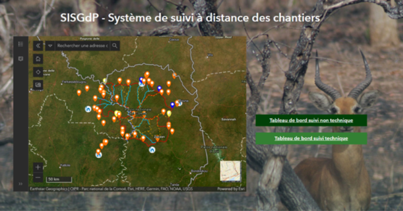 Rappresentazione grafica della soluzione per il monitoraggio dei cantieri a distanza, sviluppata da gisAction in Africa occidentale per il Parco Nazionale di Comoé.