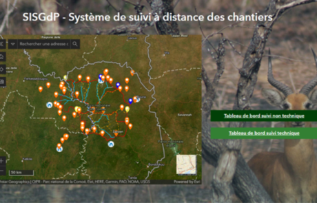 Rappresentazione grafica della soluzione per il monitoraggio dei cantieri a distanza, sviluppata da gisAction in Africa occidentale per il Parco Nazionale di Comoé.